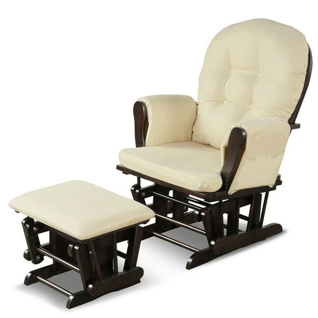 Gymax Glider and Ottoman Cushion Set Wood Baby Nursery Rocking Chair Beige