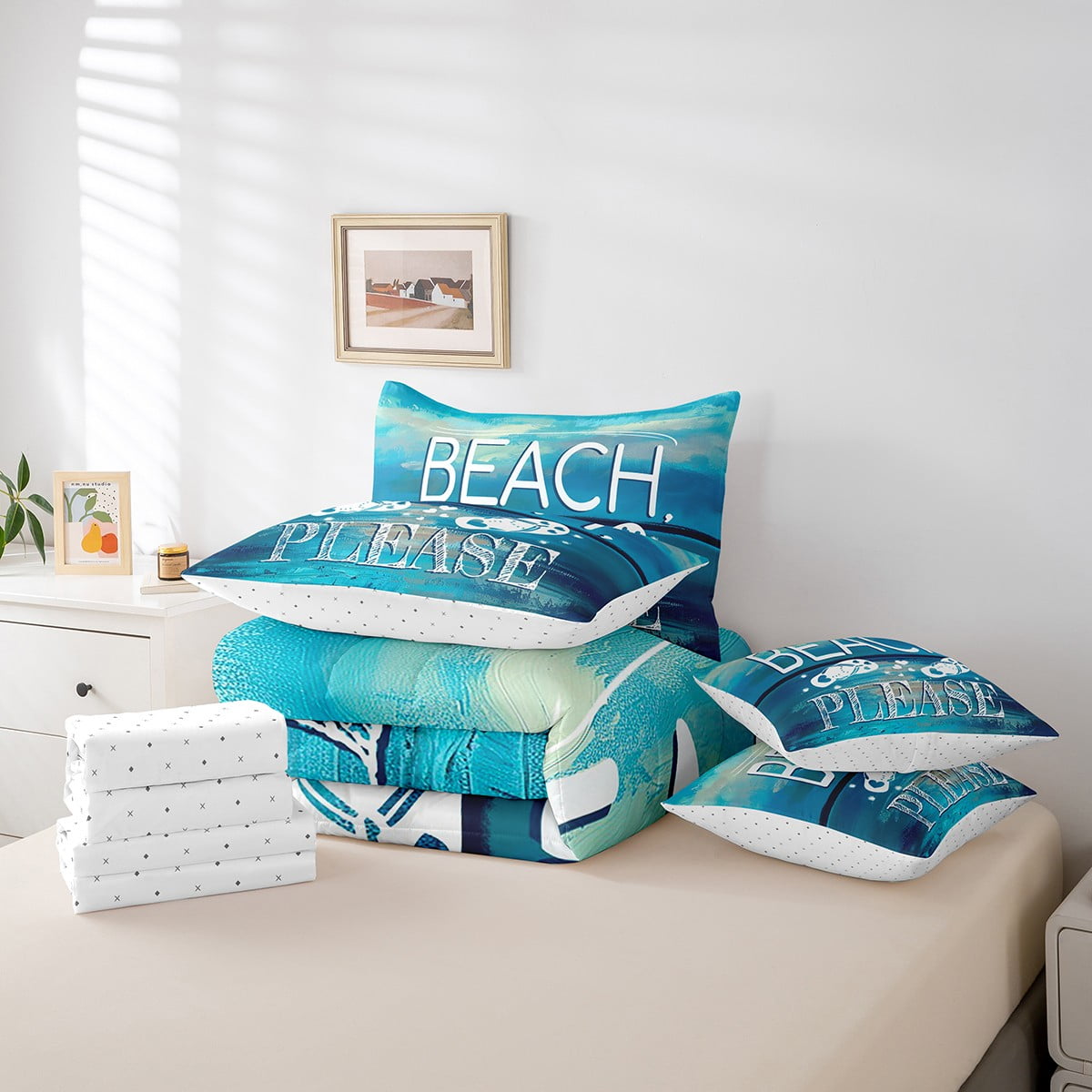 Summer Beach Comforter Set 7 Piece Bed in a Bag Twin,Hawaii Flip Flops Bedding Set Sea Palm Tree Sheet Sets with Comforter Blue Ocean Bed Set,The Lake House Farmhouse Decor