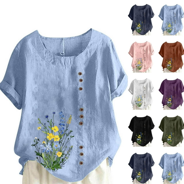 QETYUW Hauts en Coton et Lin pour Femmes Coupe Ample Décontractée Manches Courtes Retroussées T-Shirt Col Rond Imprimé Floral Blouses Chemises d'Été Décontractées