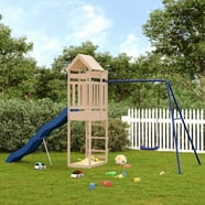 KidKraft Raptor Trail Wooden Outdoor Swing Set with Wavy Slide and Rock ...