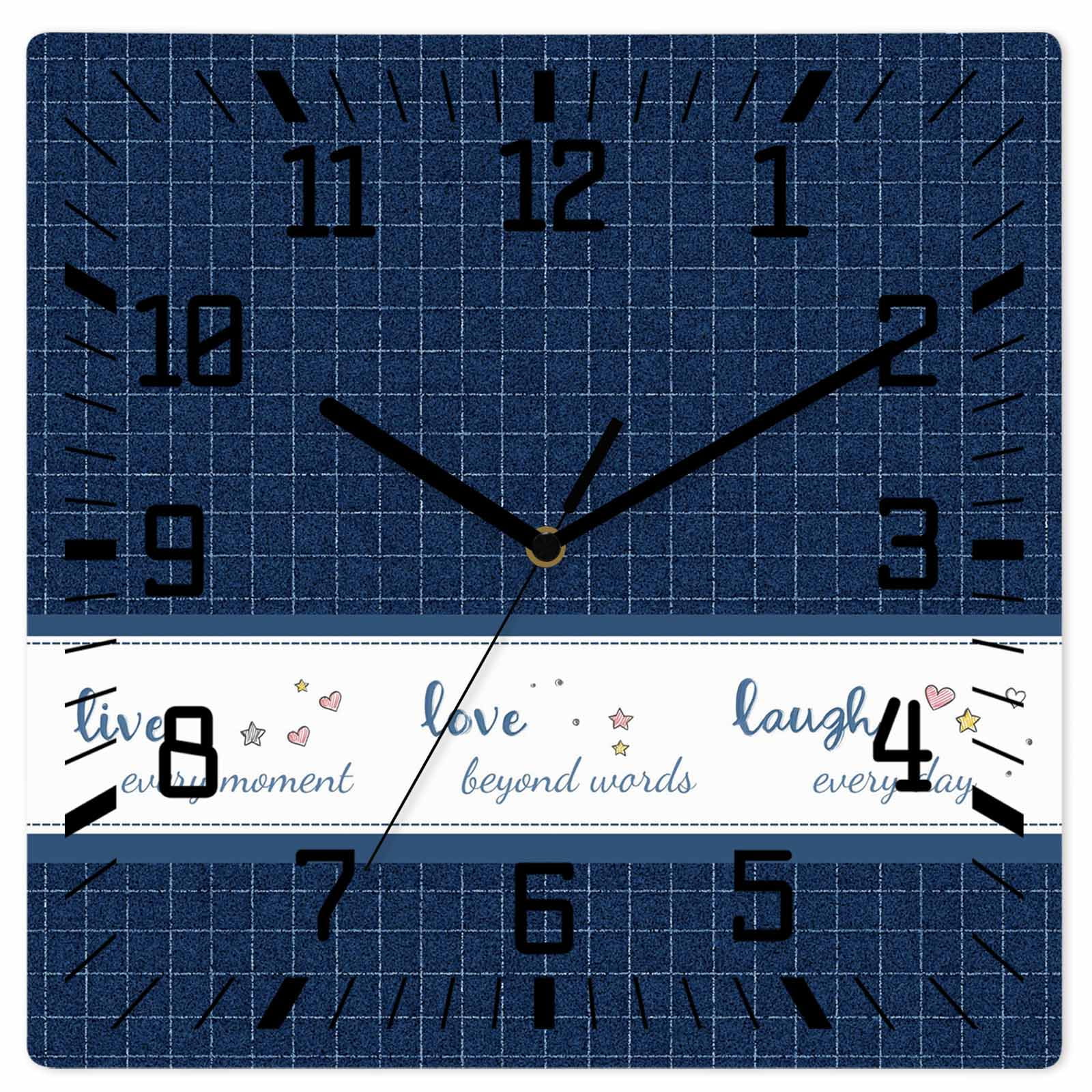Wall Clock Live Love Laugh Operated Square Clocks Wooden Silent Non-Ticking Wallclock 10 Inch Blue Check Buffalo Plaid Wood Wall Clock for Living Room Bedroom Office Shool Home Decor