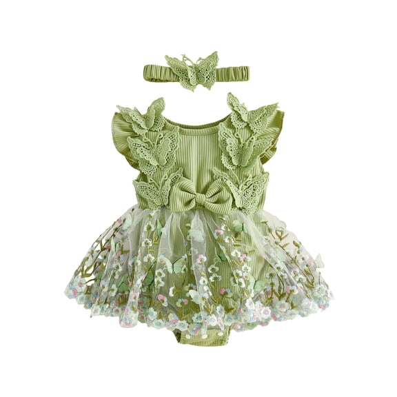 Loicainy Infant Baby Girl Romper Dress 3 6 9 12 26 Months Floral Embroidery Butterfly Decor Fly Sleeve Crew Neck Skirt Hem Infant Bodysuits Jumpsuits with Headband