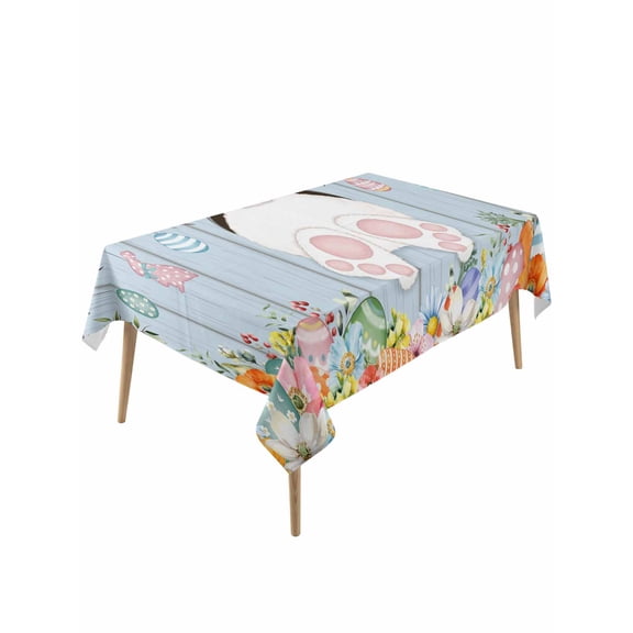 Easter Rectangle Tablecloth, Spring Watercolor Bunny Eggs Flower Wood Grain Blue Waterproof & StainResistant Tablecloth, Washable Oil-proof Table Cover for Dining/Party/Wedding/Buffet 54x108 In
