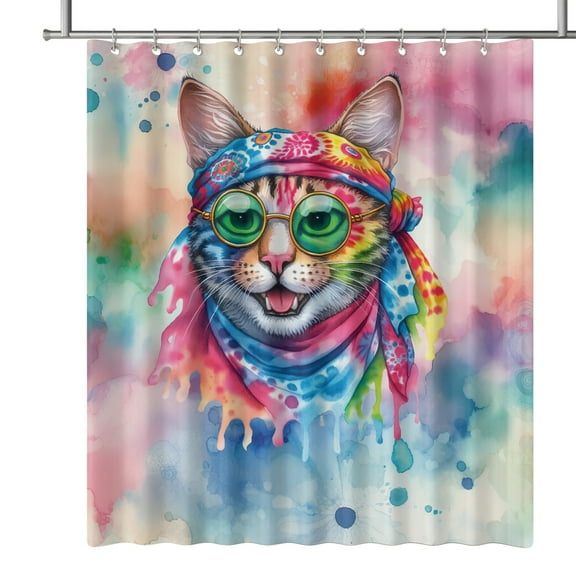 Hippie Manx Portrait Watercolor Tie-Dye Vintage Styles Shower Curtain Cat Lover Kitten Owner Gifts Waterproof Bathroom Bathtub Curtain - 00014
