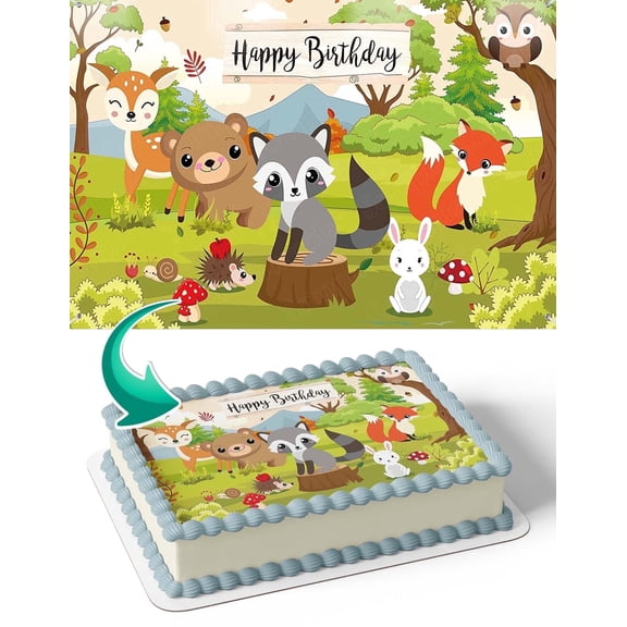 Forest Animal Fox Bear Rabbit Deer Wild Life Kids Edible Image Icing Cake Topper for Quarter Sheet Cake, by TNCT
