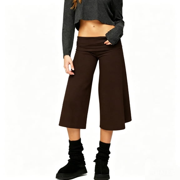 RUINIXCW Fold Over Capri Pants for Women Flowy Wide Leg Capri Pants Low Rise Yoga Culottes Pants Foldover Leggings Summer Beach Crop Palazzo Pants