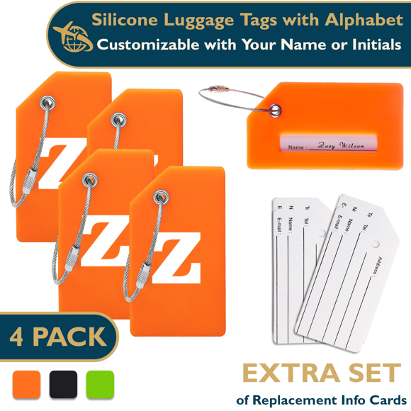 ComfiTime Luggage, Tags con Alfabeto: Maletas Tags de Silicona Aprobadas por la TSA, Bolsa de Viaje, Equipaje y Mochilas con Cubierta de Privacidad, Presilla de Acero Inoxidable