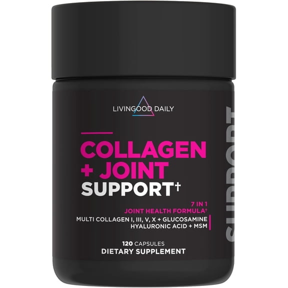 Livingood Daily Collagen   Joint Support, Grass Fed Multi Collagen Peptides I III V X with Hyaluronic Acid, Joint Support Supplement for Women & Men, Hair Skin Nails, Keto & Gluten Free, 120 Capsules