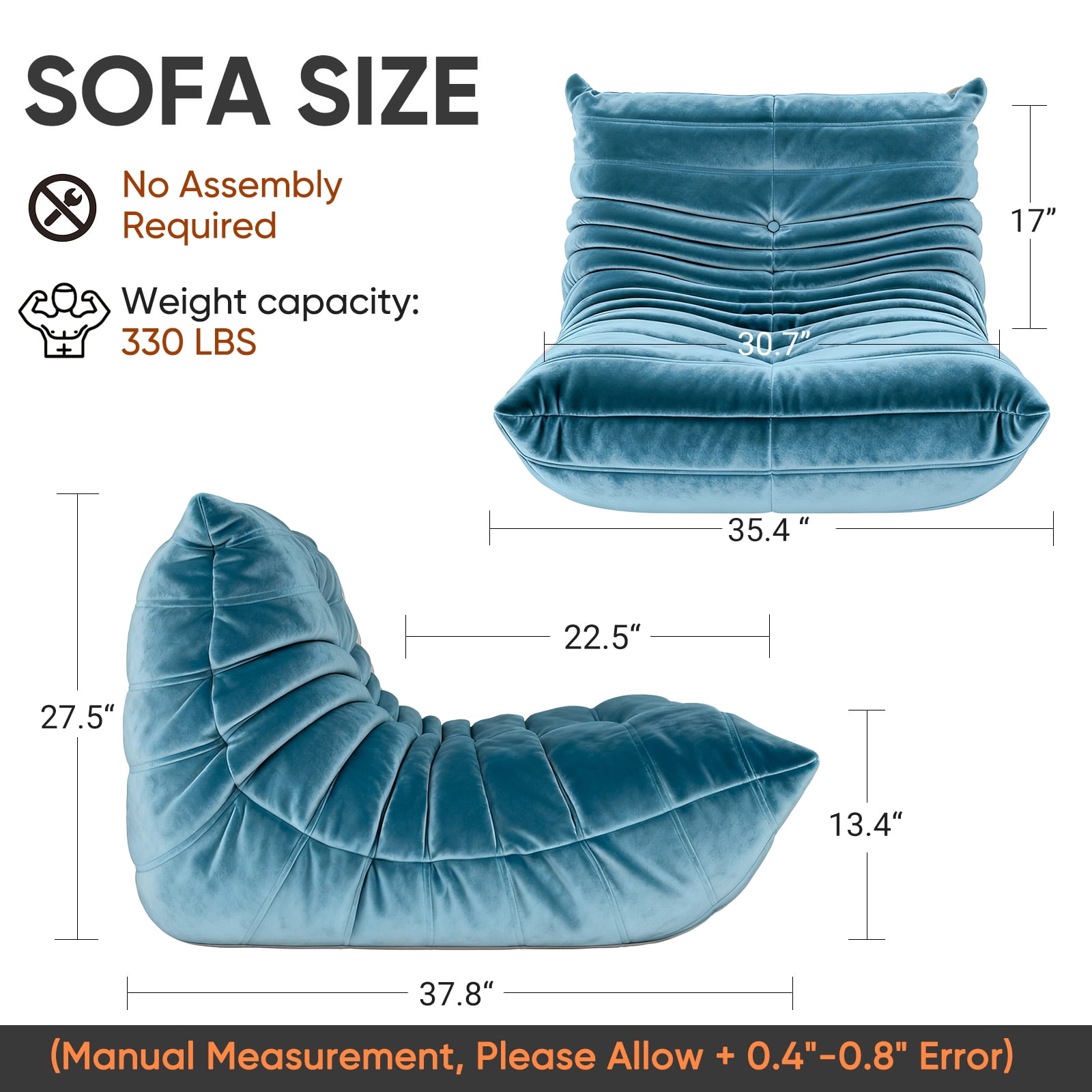 Alvantor Armless Bean Bag Chair, Dutch Velvet Lazy Sofa with Memory Foam, No Assembly Lounge Seat for Living Room Bedroom Dorm