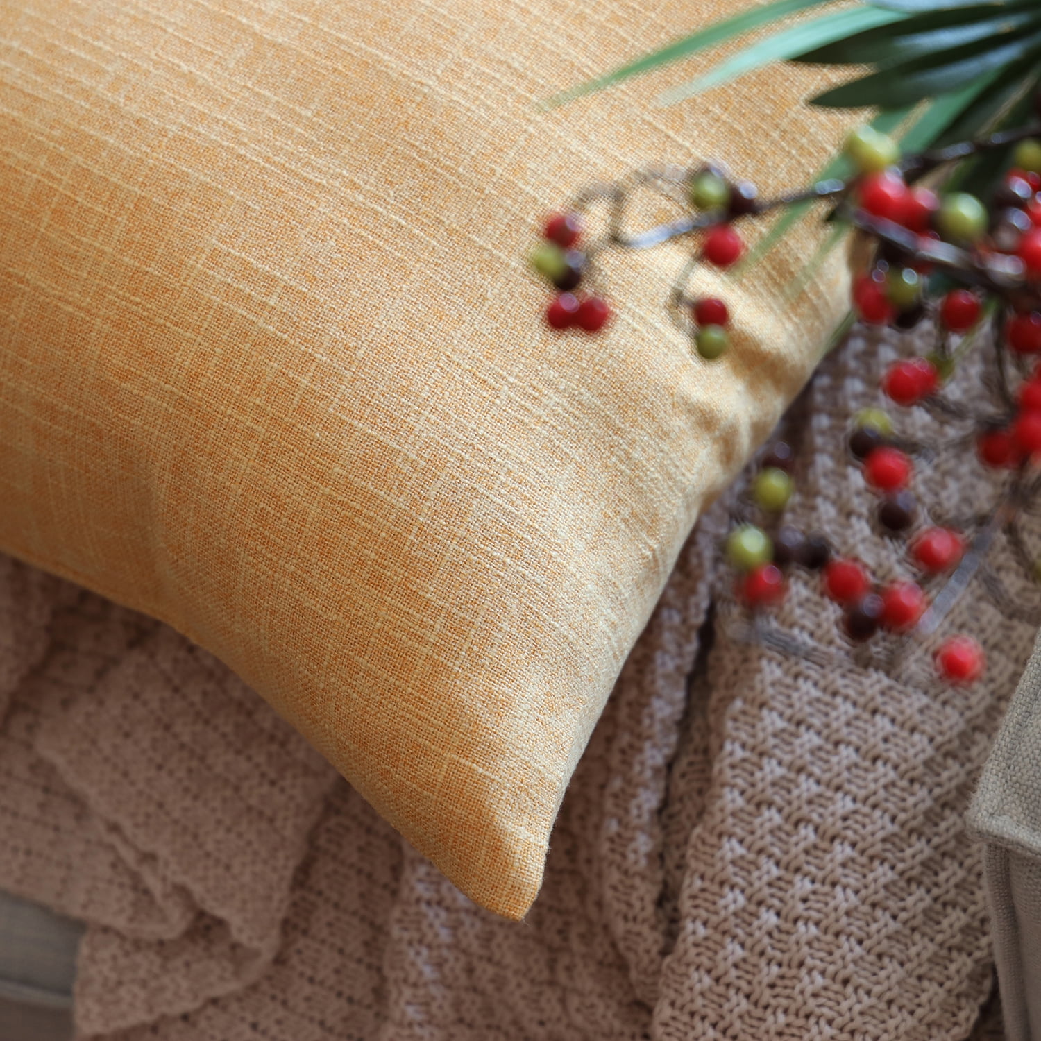 Phantoscope Textural Faux Linen Series Decorative Throw Pillow, 18" x 18", Yellow, 1 Pack