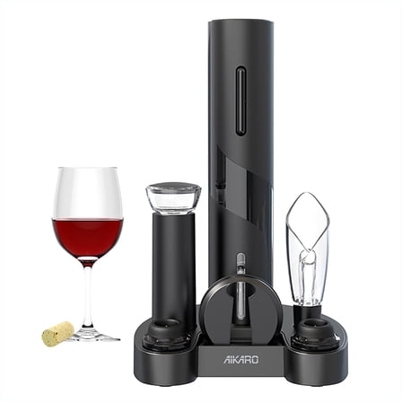 AIKARO - Electric Wine Bottle Opener Automatic Electronic Corkscrew, Battery Operated (Set with Base)