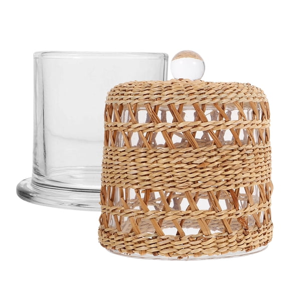 COMPUKAS Light Brown Rattan Wrapped Glass Dome Candle Holder for Home Decor and Candle Display