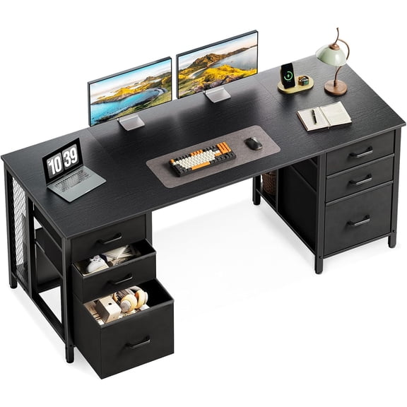 ODK 63 Inch Office Desk with 6 Fabric Drawers, Large Computer Desk for Home Office with Hidden Storage Shelves, Black