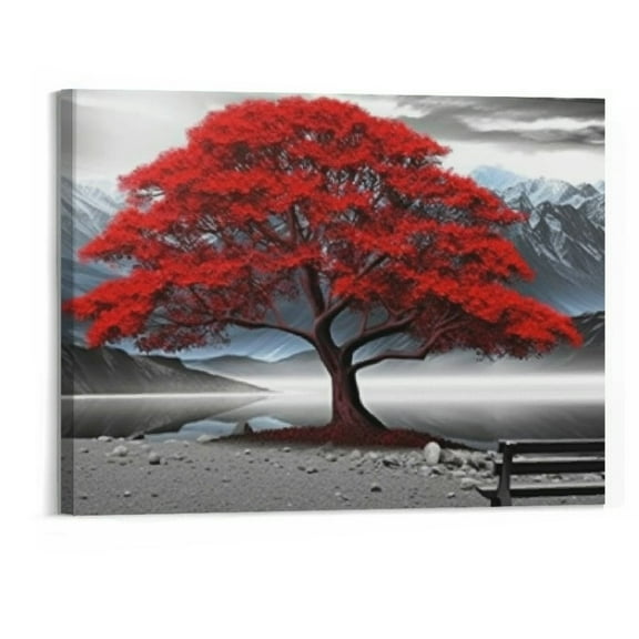 JRXY Black and White Red Tree Wall Art Canvas Print Picture Large Red Tree Landscape Modern Artwork for Living Room Bedroom Office Home Wall Decoration Decor With Frame 20x16in