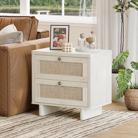 LAZZO Nightstands Set of 2, 23.6" Wide Large Bedside Tables with 2 Rattan Drawers for Bedroom, White
