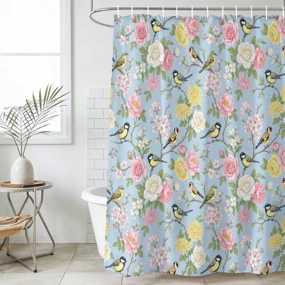 Blue Spring Floral Shower Curtain Set, Waterproof Shower Curtains for Bathroom, Elegant Farmhouse Flowers Birds Watercolor Washable Fabric Bath Curtain for Bathtub Decoration with Hooks 54x78 Inches