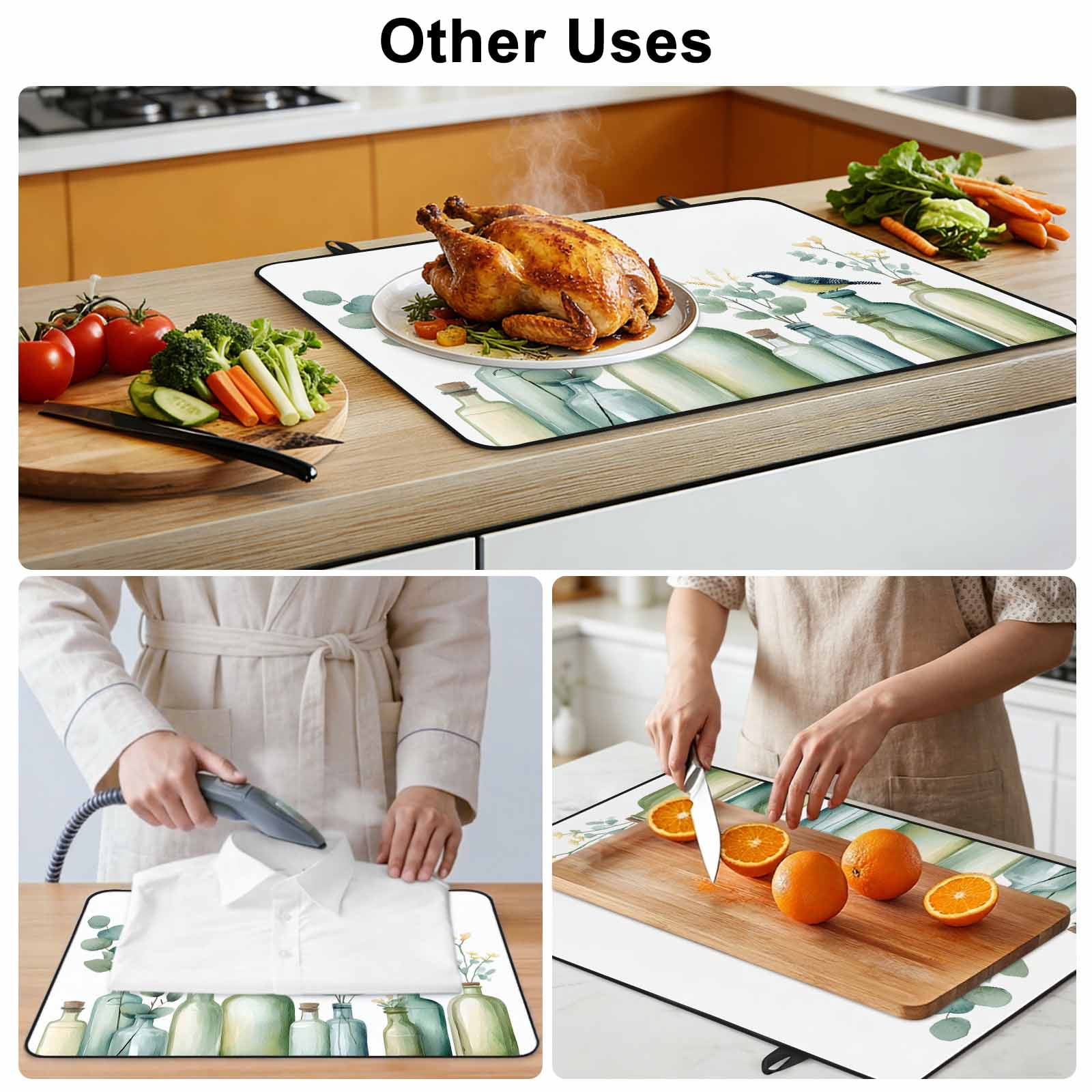 Teal Eucalyptus Leaves Stove Top Cover for Electric Stove, Heat-proof & Non Slip Glass Top Stove Cover Protector, Botanical Vase Birds Kitchen Flat Cooktop Rubber Mat 24x21 Inches