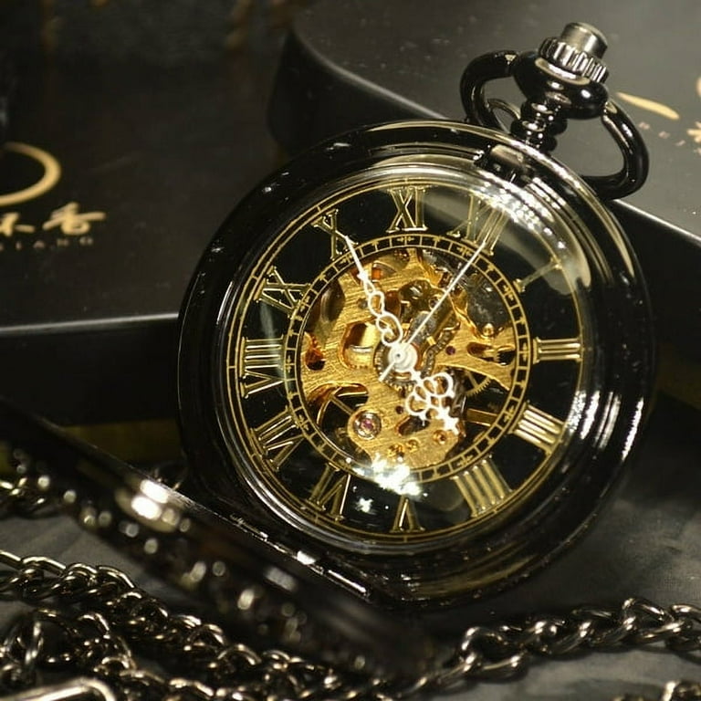 TIEDAN Mechanical Roman Numerals Dial Skeleton Pocket Watches with Box and  Chains for Mens Women