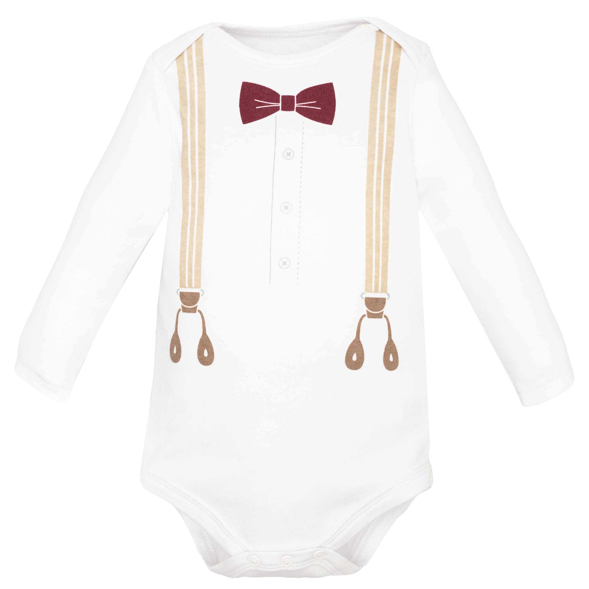 Hudson Baby Infant Boys Cotton Layette Set, Burgundy Tan Suspenders, 6-9 Months