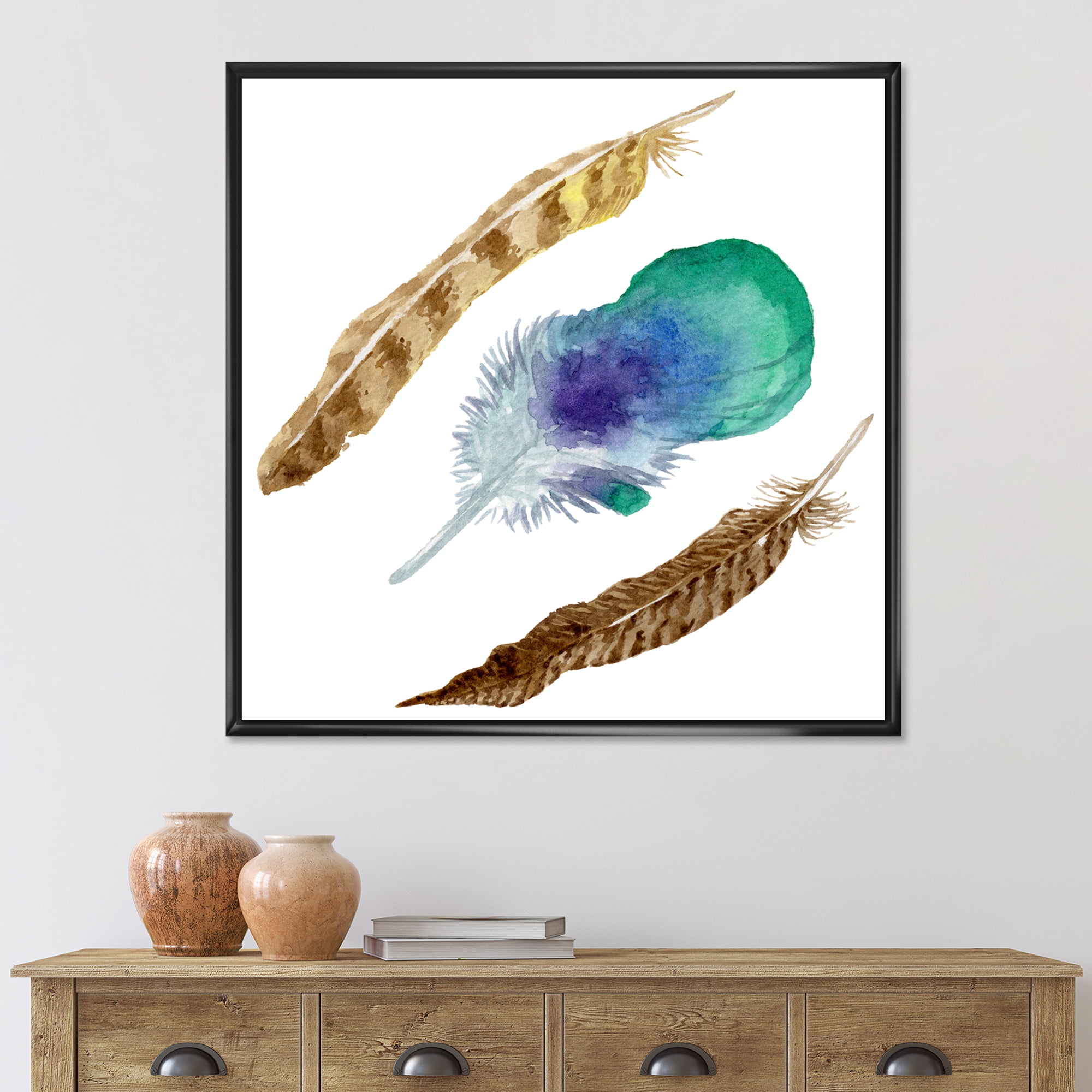 Designart 'Abstract Bird Feather From Wing Isolated' Bohemian & Eclectic Framed Canvas Wall Art Print
