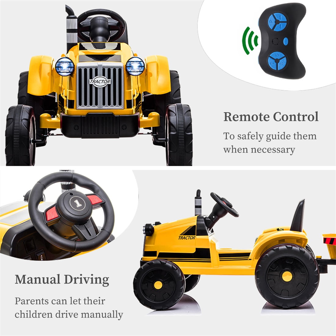 Private Jungle Ride on Tractor, Battery-Powered Toy Tractor with Trailer, 3-Gear-Shift Ground Loader Ride On with LED Lights and USB&Bluetooth, Yellow, Unisex
