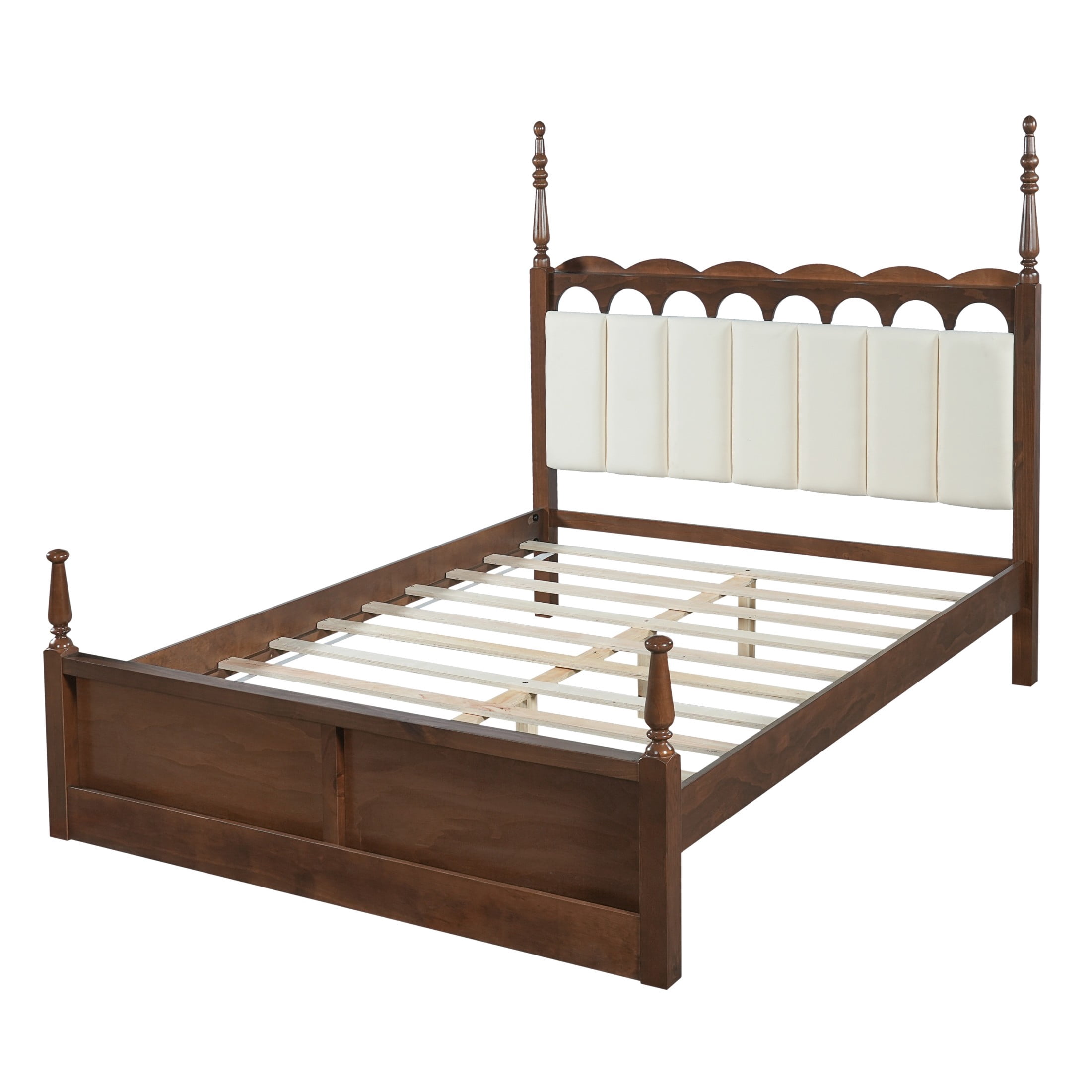 Christopher Knight Home Queen Wood Bed Frame with Scalloped Tufted Chenille Headboard, Brown+Beige