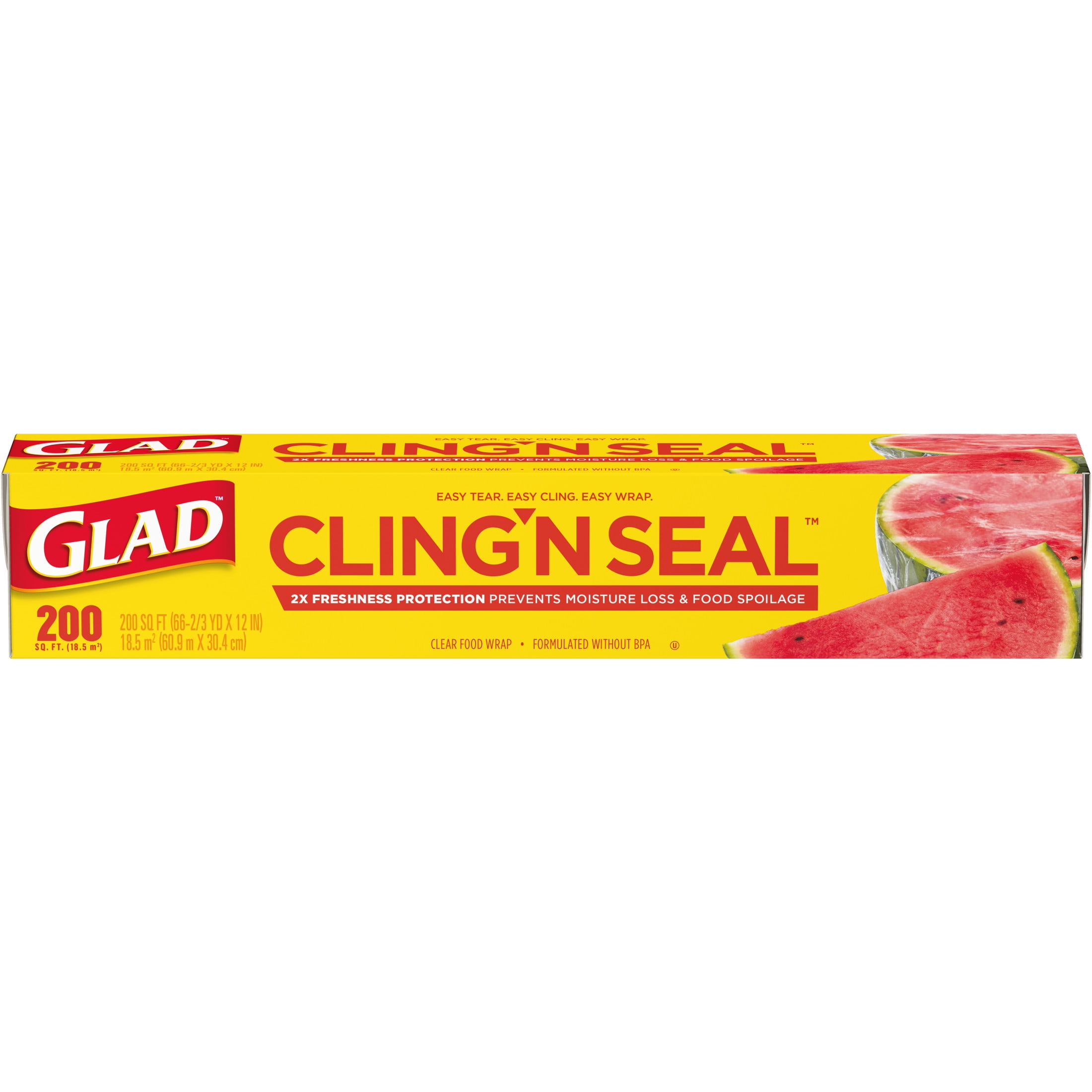 (2 pack) Glad Cling N Seal Plastic Food Wrap, 200 sq ft Roll