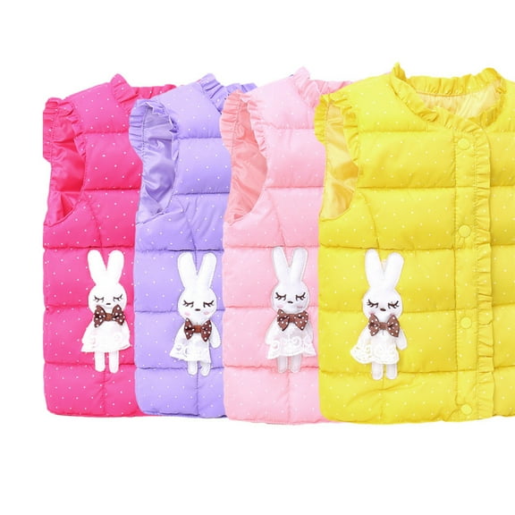 Godderr Girls Crewneck down Cotton Vest for Baby Kids 2-10 Years Ruffles Princess Waistcoat Cartoon White Rabbit Warm Sleeveless Jacket Buttons Cotton Jacket Winter Tops