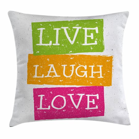 Live Laugh Love Decor Throw Pillow Cushion Cover, Lifestyle Message in Vibrant Tones Joyful Life Philosophy Wise Design, Decorative Square Accent Pillow Case, 18 X 18 Inches, Multicolor, by