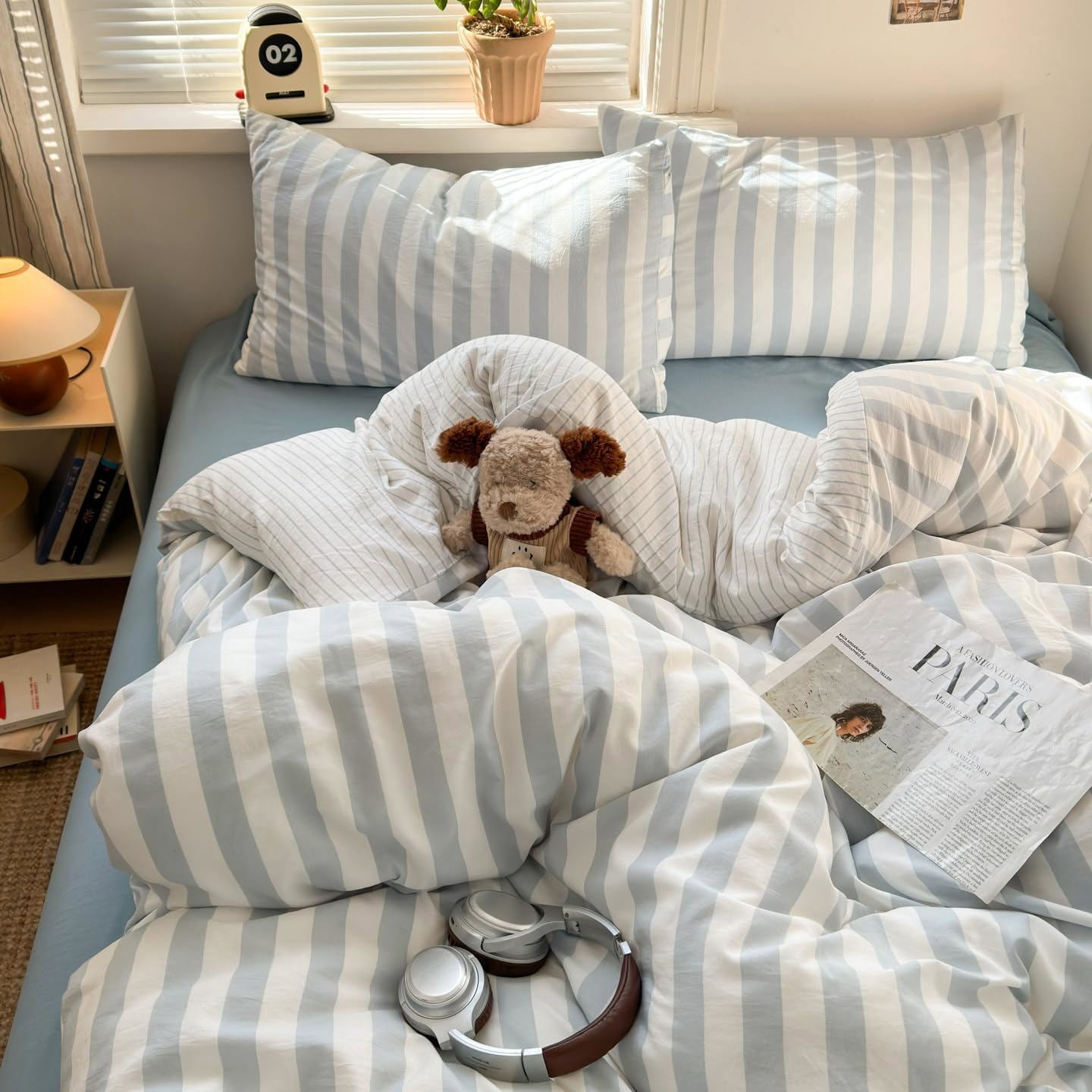 Duvet Cover Stripes Blue White Bedding Microfiber Duvet Cover Sets with Zipper Queen Size