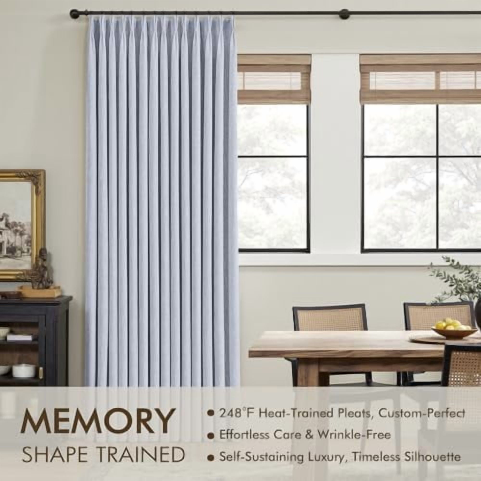 Chambray Blue Pinch Pleated 100% Blackout Linen Curtains for Bedroom, Room Darkening Memory Trained Light Blocking Window Curtain 84 inches Long for Living Room, Black Out Pleat Drape, 2 Panels