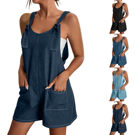 Bloomae Overalls for Women Denim Shorts Overalls 2026 Summer Casual Sleeveless Loose Fit Adjustable Strap Rompers Jean Short Jumpsuit Bib Shortalls with Pockets Dark Blue XXXL