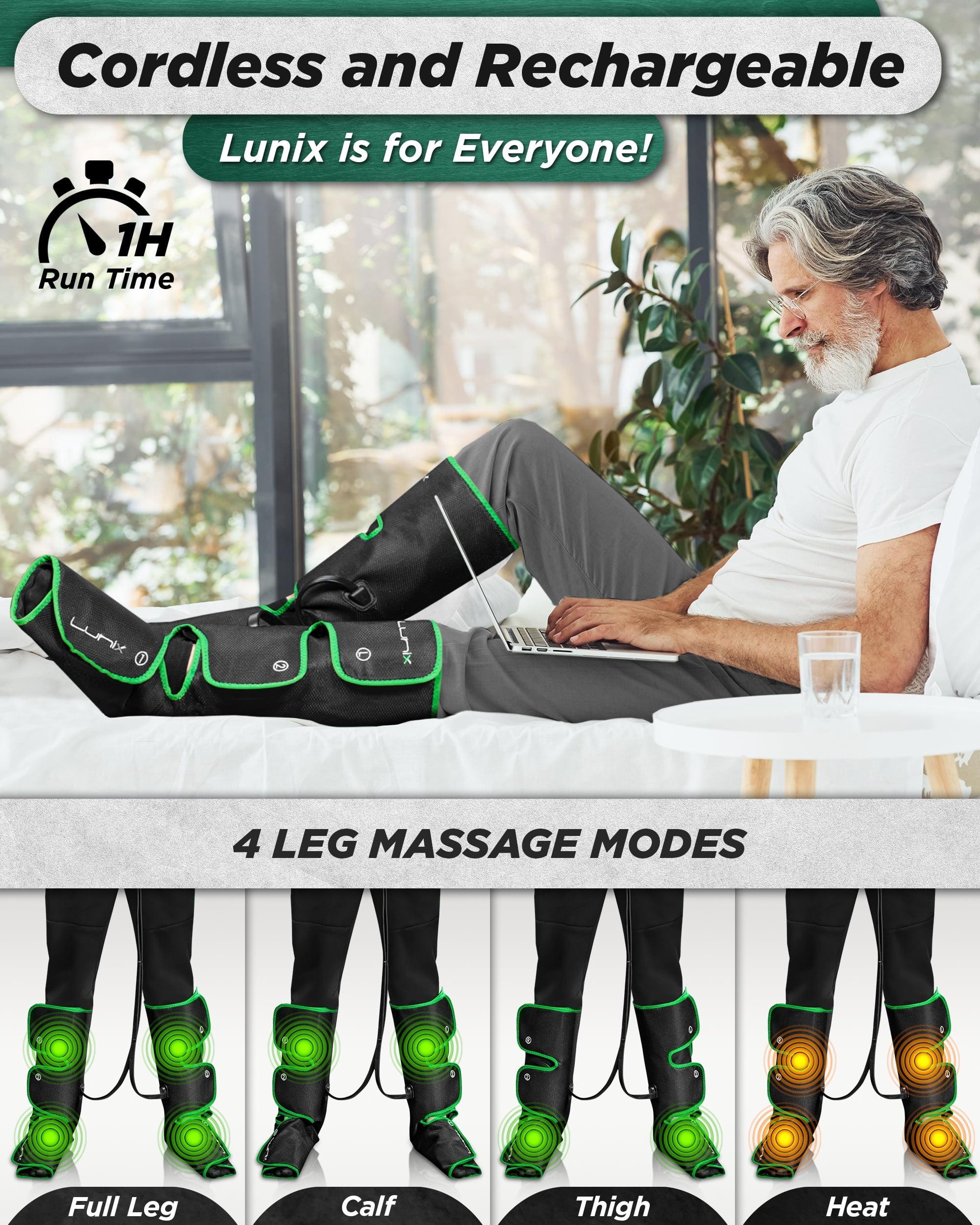 Lunix LX1 Foot and Calf Compression Massager, Cordless Rechargeable Leg Massager with Heat, Forest Green