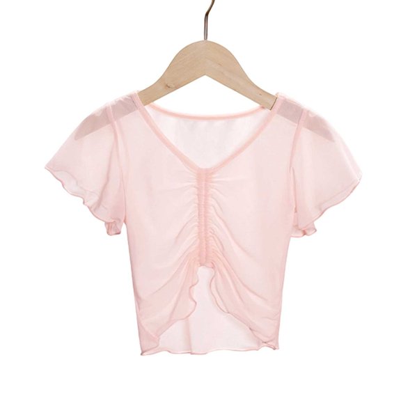 EnJoCho Girls Mesh Ballet Top - Fluter Sleeve Dance Shawl for Ballet & Gymnastics, Lightweight Stretchy Performance Practice Cover-Up