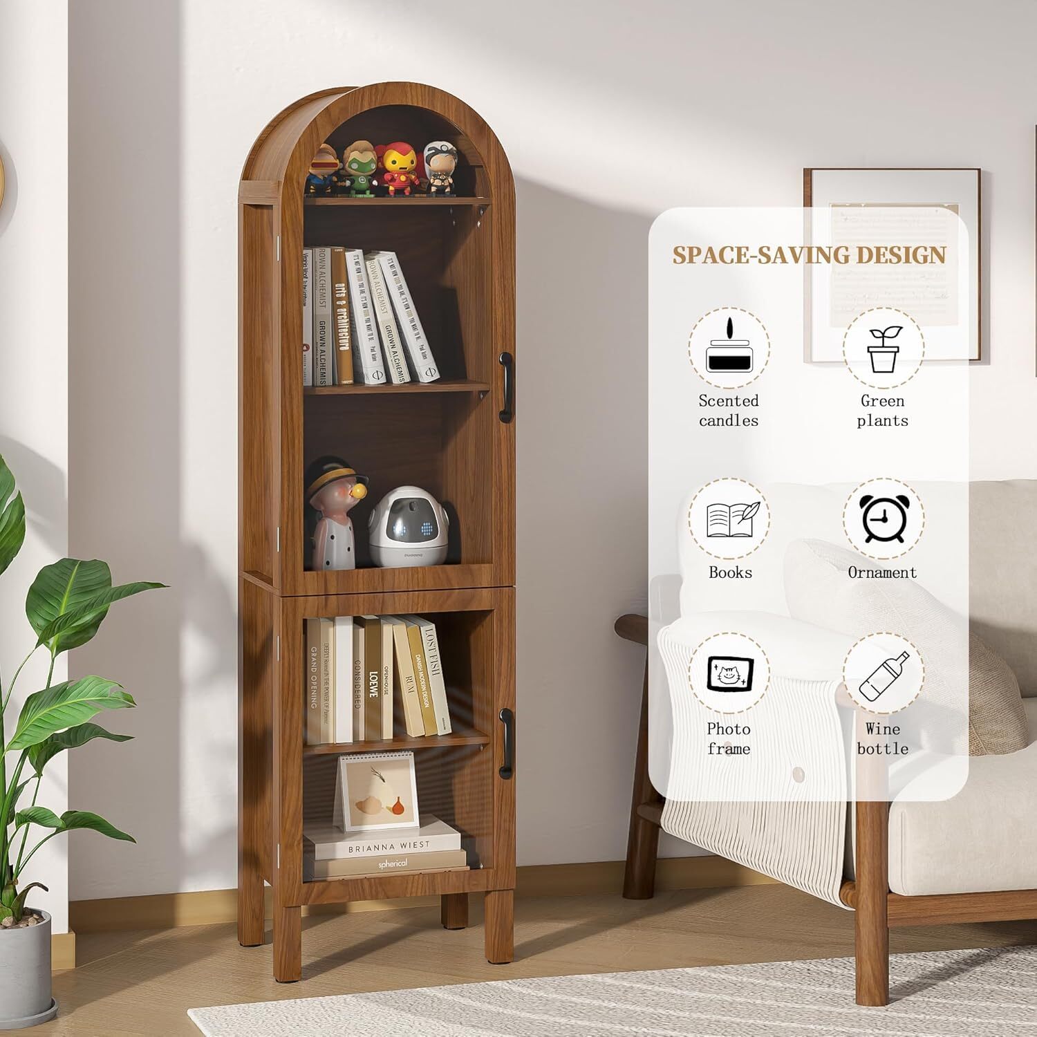 Fsbecl Tall Arched Storage Display Cabinet, Kitchen Pantry Cabinet with Doors, Walnut