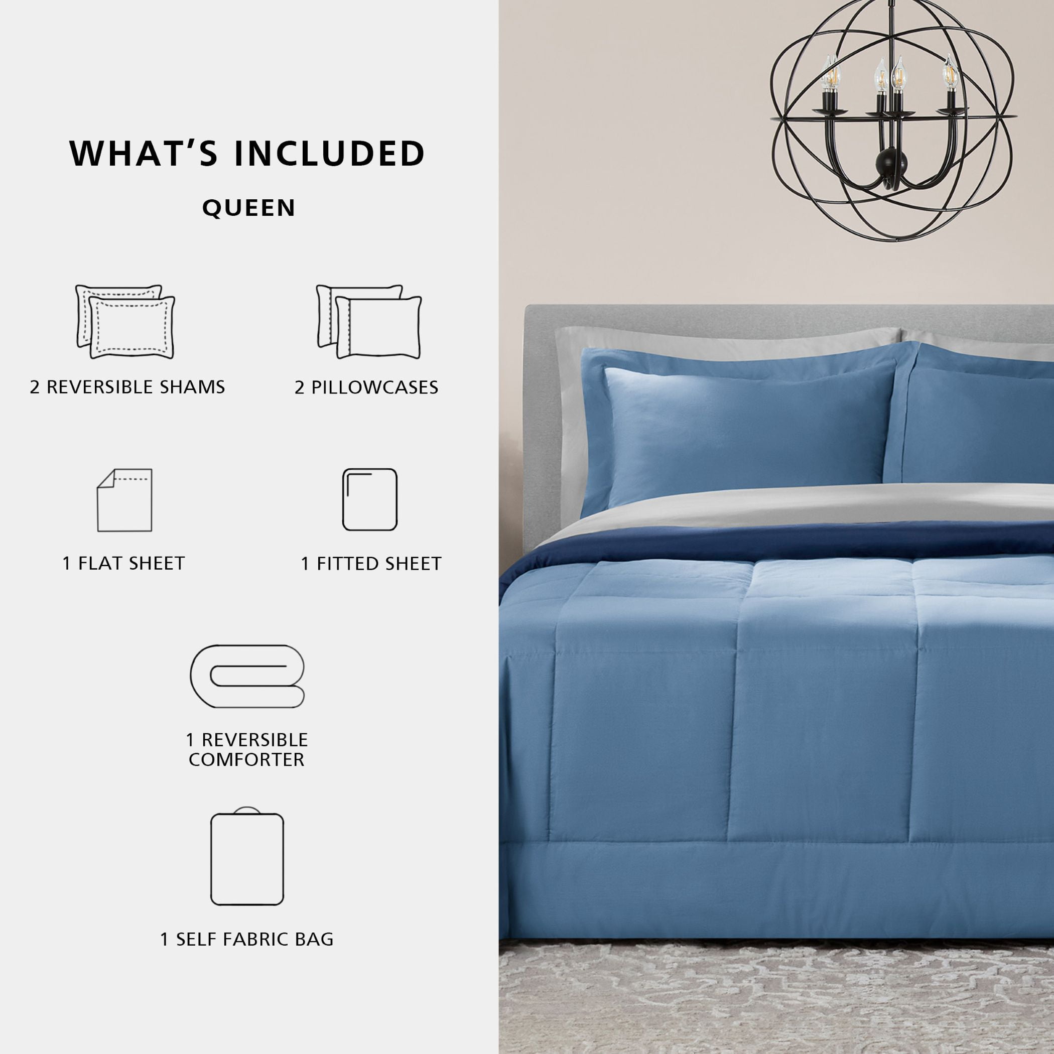 Mainstays 7-Piece Reversible Bed in a Bag Comforter and Sheet Set, Queen, Light Blue