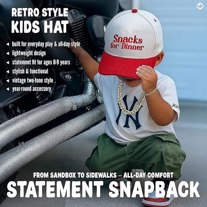 Funky Junque Kids Trucker Hat Baseball Cap - Two Tone Vintage Baby Baseball Cap, Infant Baseball Hat, Toddler Snapback Hat - Snacks for Dinner - Red/Beige