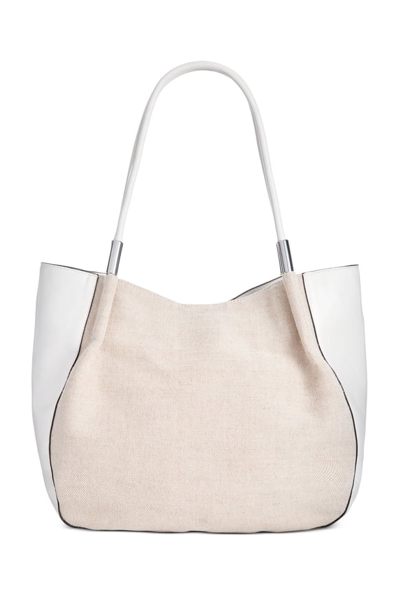 Women's Beige Faux Leather Color Block Double Flat Strap Tote Handbag Purse