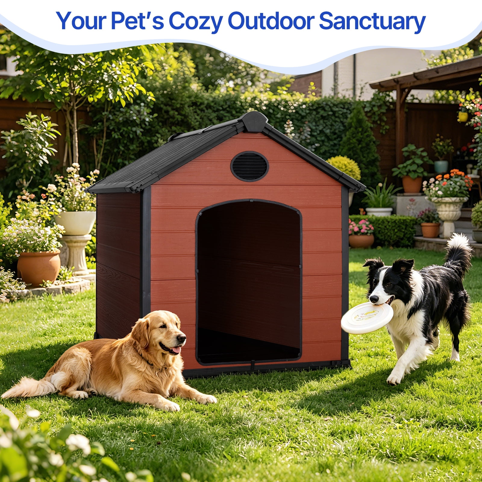 EHHLY 57" Extra Large Dog House Outdoor Weatherproof, 5XL Big Dog House for 2 Large Dogs Outside, Insulated Igloo Pet House with Elevated Floor, Extra Durable Resin Plastic, 4052XL,Rustic Brown,