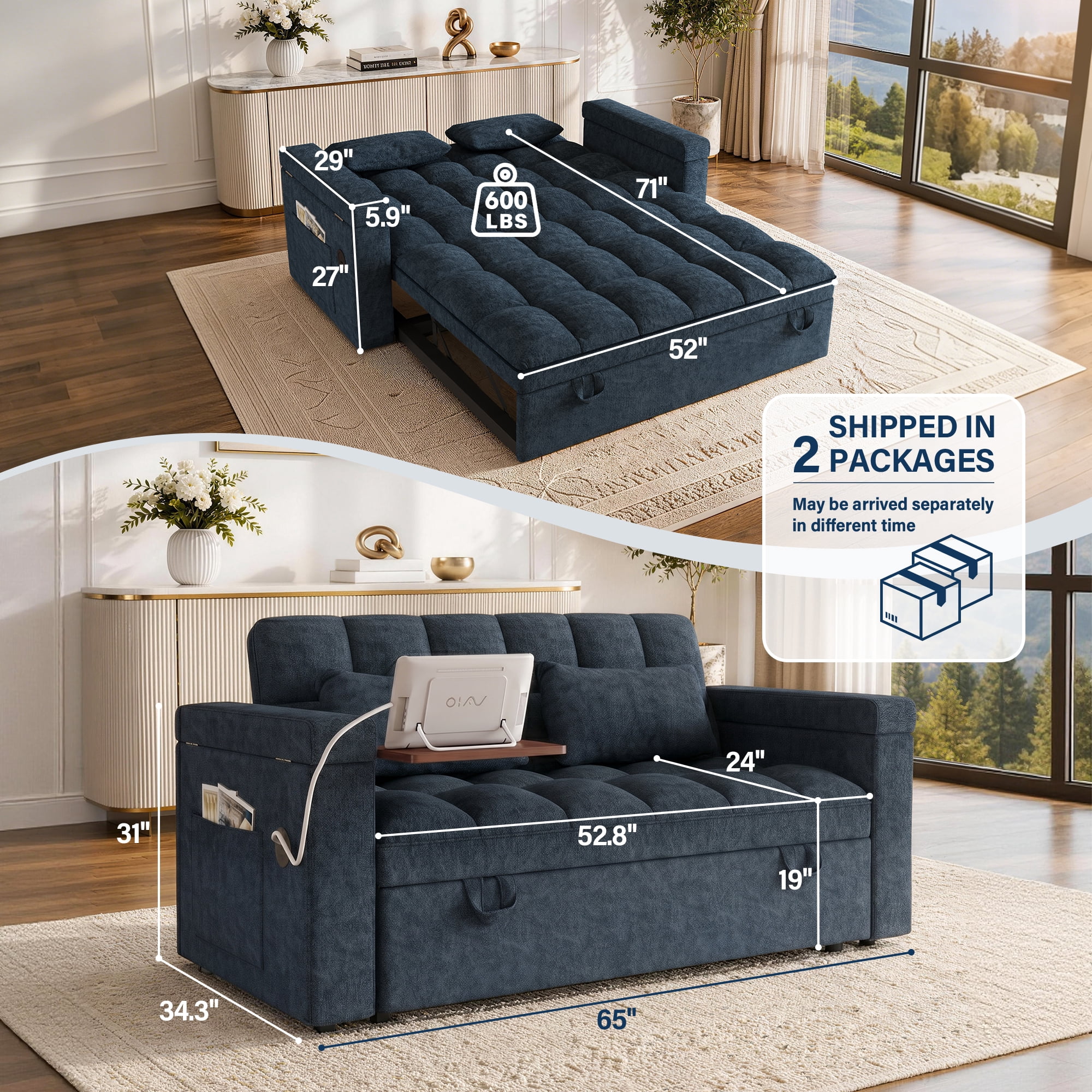 Aukfa 65" 3-in-1 Convertible Sofa Bed with Side Table, Chenille Sleeper Couch with Storage Armrest & 6-Position Adjustable Backrest,Blue