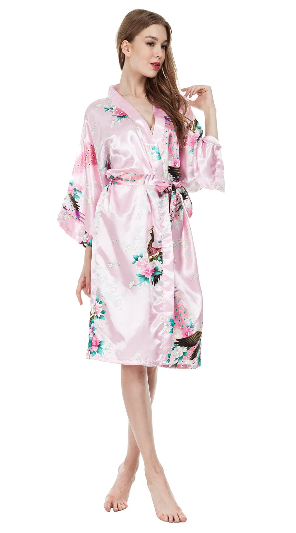 Women Kimono Robe Nightwear With Waist Belt Floral Frinted Nightgown ...