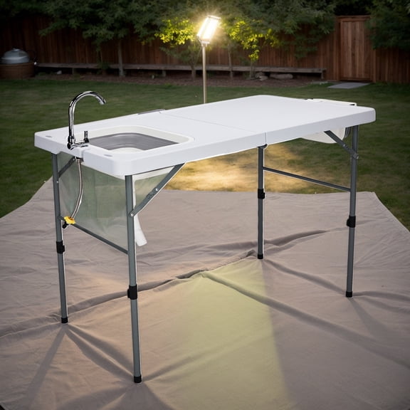 50" Folding Fish Cleaning Table with Sink, Bi-Folding Portable Camping Sink Station with Drain Hose, Trash Can, Foldable Outdoor Sink for Camping, Fishing, BBQ