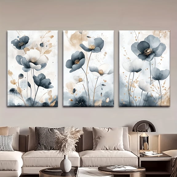 3-piece Set, Frameless Canvas Painting - Dark Blue and White Flowers, Posters and Prints, Living Room, Library, Office, Cafe, Bar, Abstract Art