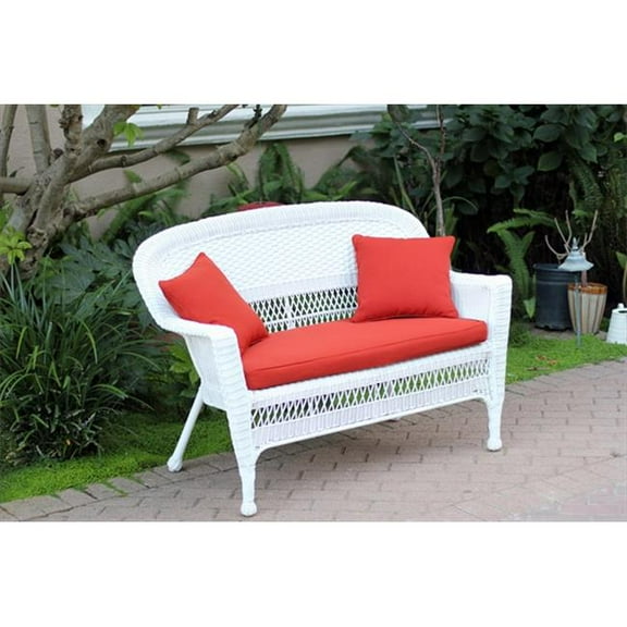 Jeco W00206-L-FS018-CL White Wicker Patio Love Seat With Red Orange Cushion And Pillows