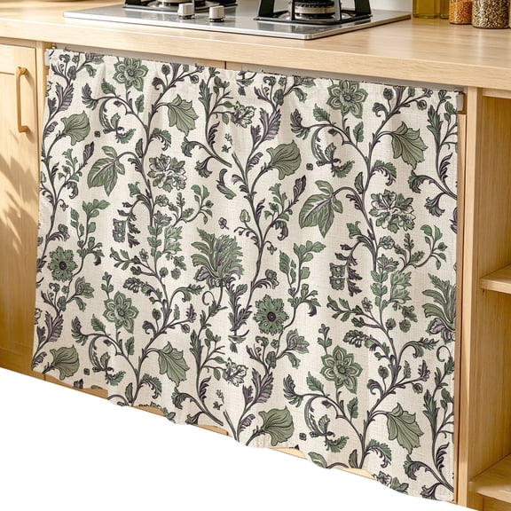 Sage Green Leaf Cabinet Curtains 35"W x 35"L,Dustproof Sink Skirt Curtain for Kitchen Bathroom,Vintage Farmhouse Boho Pastoral Tribal Adhesive Desk Skirt Privacy Short Curtains for Closet Vanity