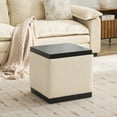 thumbnail image 2 of Zesthouse 17.9″ Wide Storage Ottoman Coffee Table, Square Ottoman with Storage, Modern Linen Foot Stool with Black Solid Wooden Tray Lid & Base for Living Room, Bedroom, Beige, 2 of 9