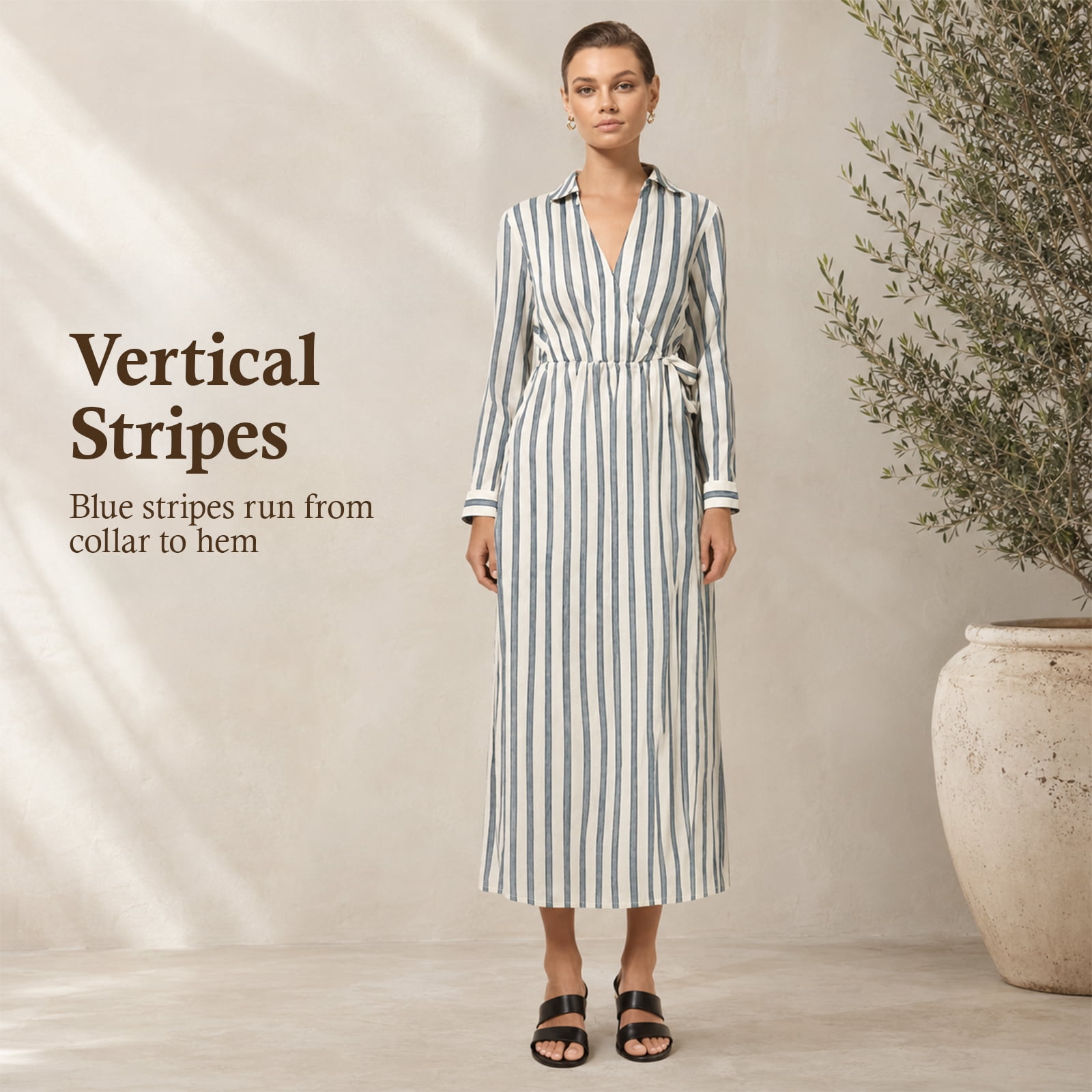 Alvantor Women's Striped Shirt Dress, Long Sleeve Collared Wrap Midi, Rayon Cotton Blend, White Blue Stripe