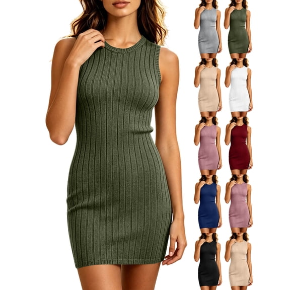Women's Sleeveless Mini Dress,Crew Neck Slim Fit Bodycon Short Tank Dress for Coffee Date