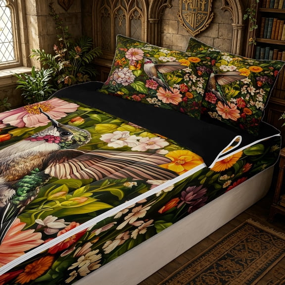 Erosebridal Hummingbird Peony Zipper Twin Comforter Sets with Fitted Sheet and 2 Pillowcases for Women Men, Tropical Flower Bird Zipper Bedding Set, Black Reversible, 4pcs