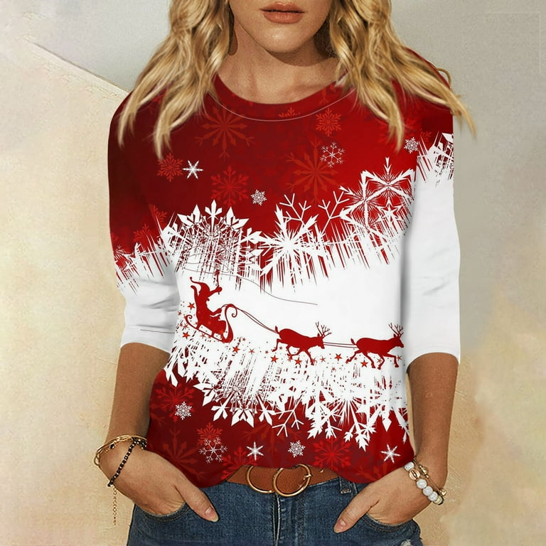 Women's Christmas Shirt 3/4 Sleeve Christmas Party Tops Christmas